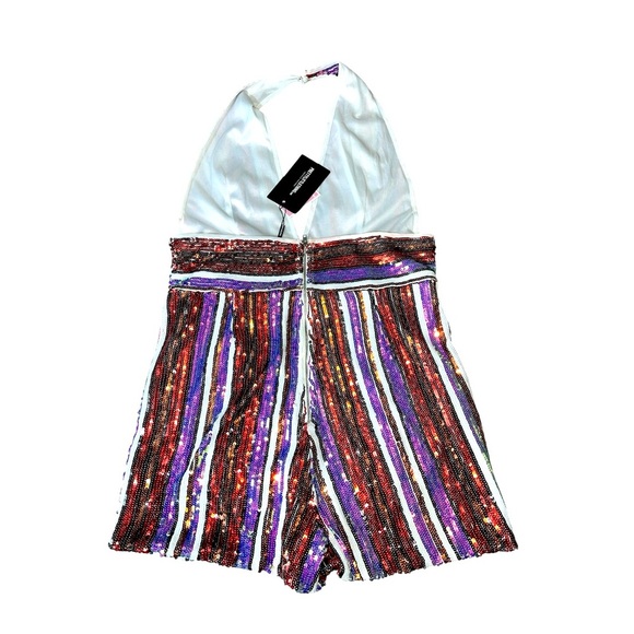 PRETTY LITTLE THING Multi Stripe Sequin Halterneck‎ Romper Sz 12 Baddie Party - Picture 10 of 10